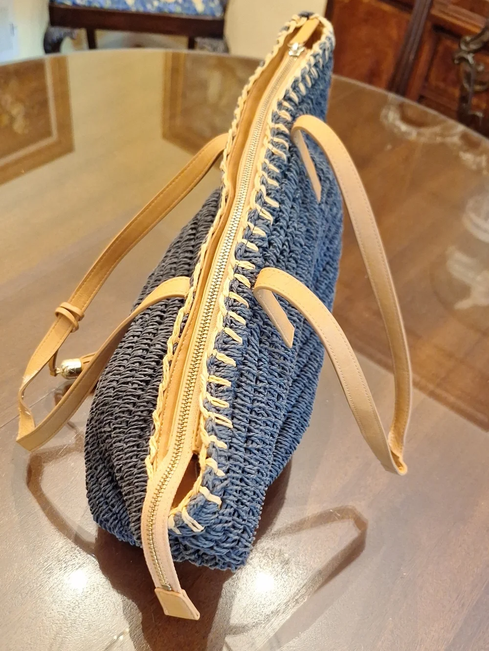 Talbots Woven Navy Straw Tote Beach Bag with Tan Handles